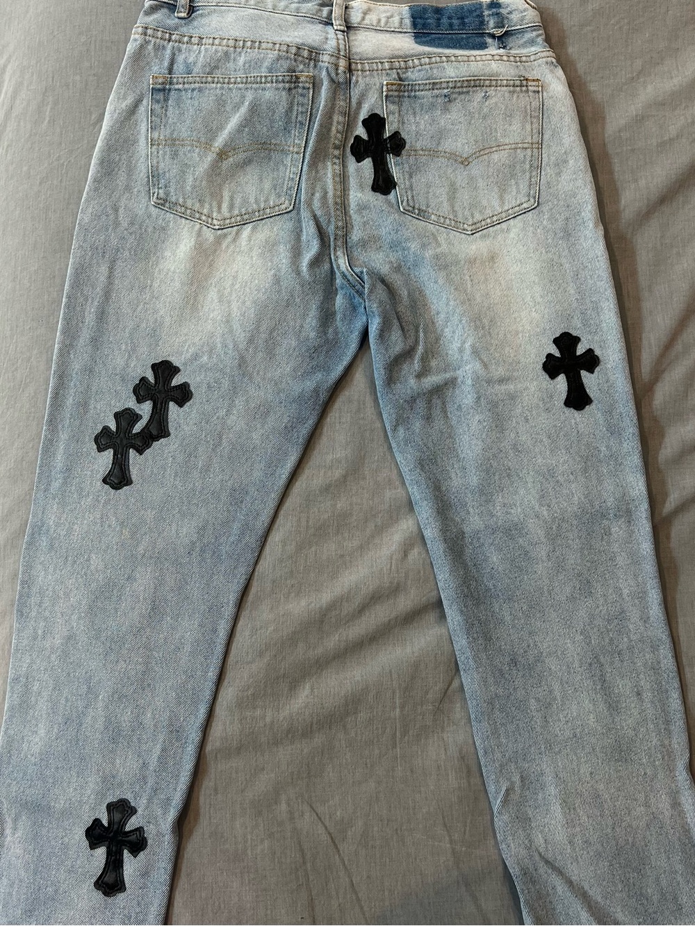 Chrome Hearts Light Blue Slim Straight Jeans with Black Cross Patches - Picture 5 of 8